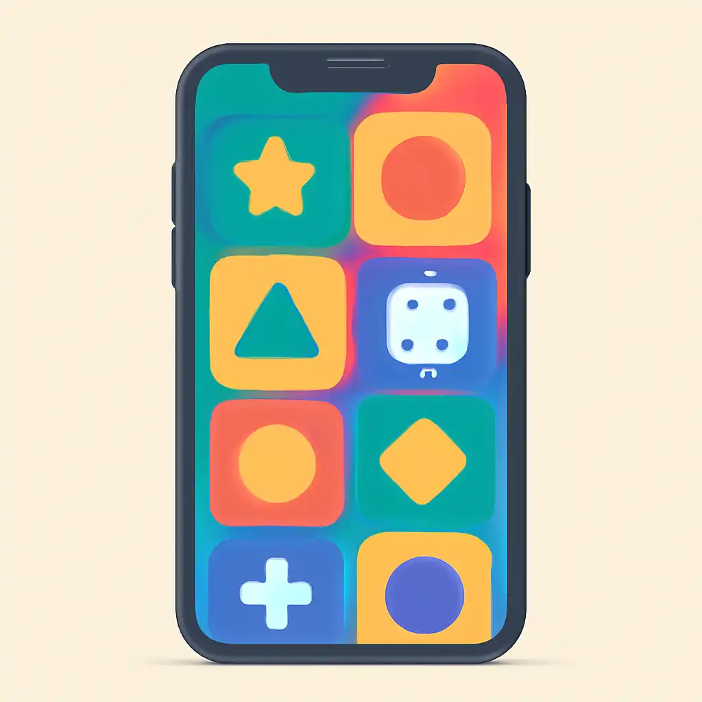 Smartphone shown from the front displaying a colourful flat layout of abstract game icons and rounded tiles, Sikkim State