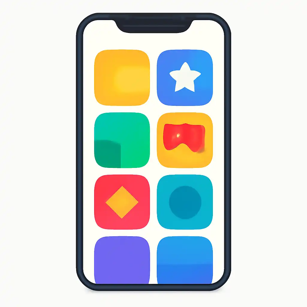 Smartphone shown from the front displaying a colourful flat layout of abstract game icons and rounded tiles, Today's Sikkim