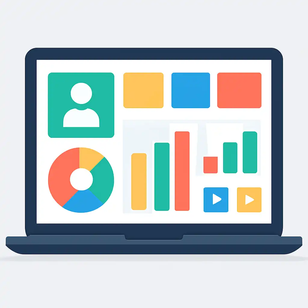 Laptop shown from the front displaying a colourful flat dashboard of abstract charts, bars and icon tiles, Today's Sikkim