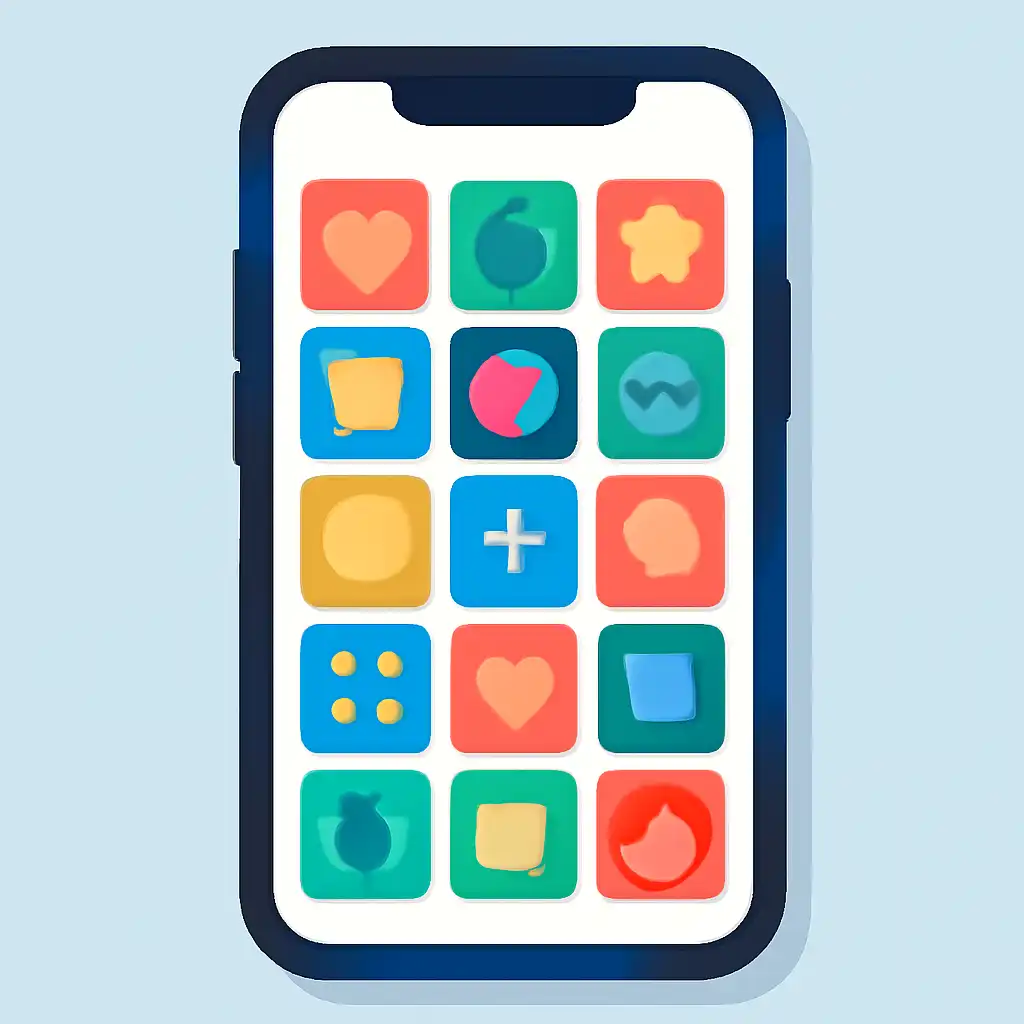 Smartphone shown from the front displaying a colourful flat layout of abstract game icons and rounded tiles, Old Results