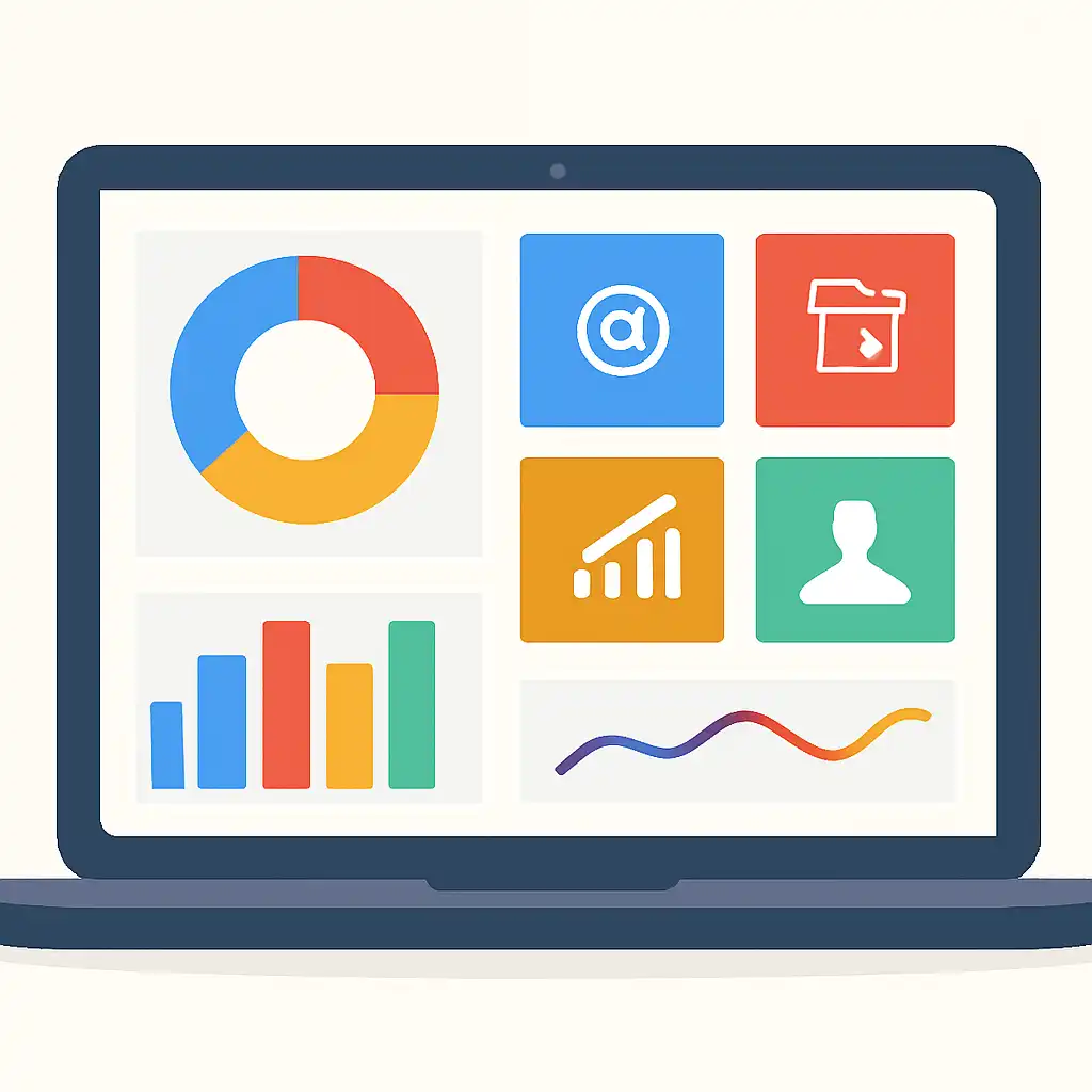 Laptop shown from the front displaying a colourful flat dashboard of abstract charts, bars and icon tiles, Old Results and