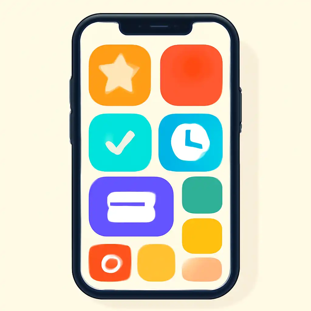 Smartphone shown from the front displaying a colourful flat layout of abstract game icons and rounded tiles, Prize Tiers