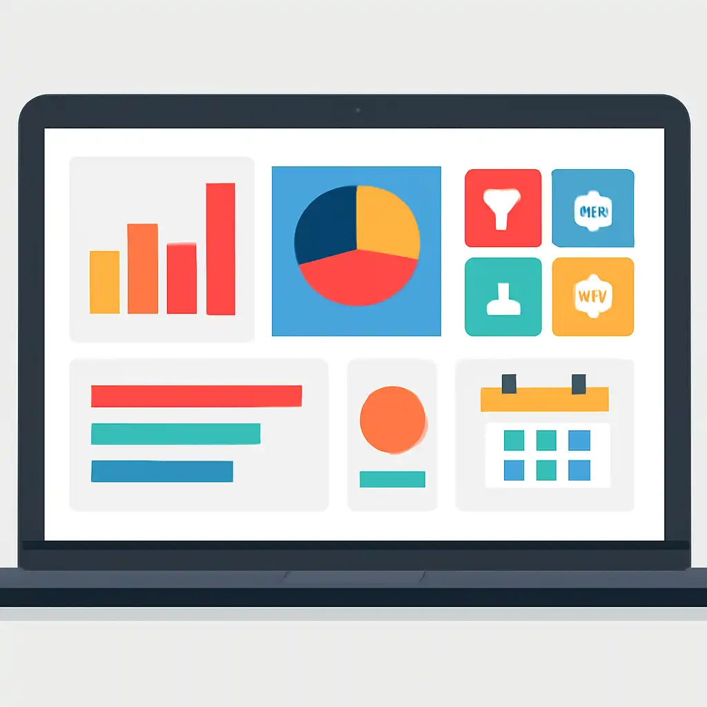 Laptop shown from the front displaying a colourful flat dashboard of abstract charts, bars and icon tiles, Prize Tiers