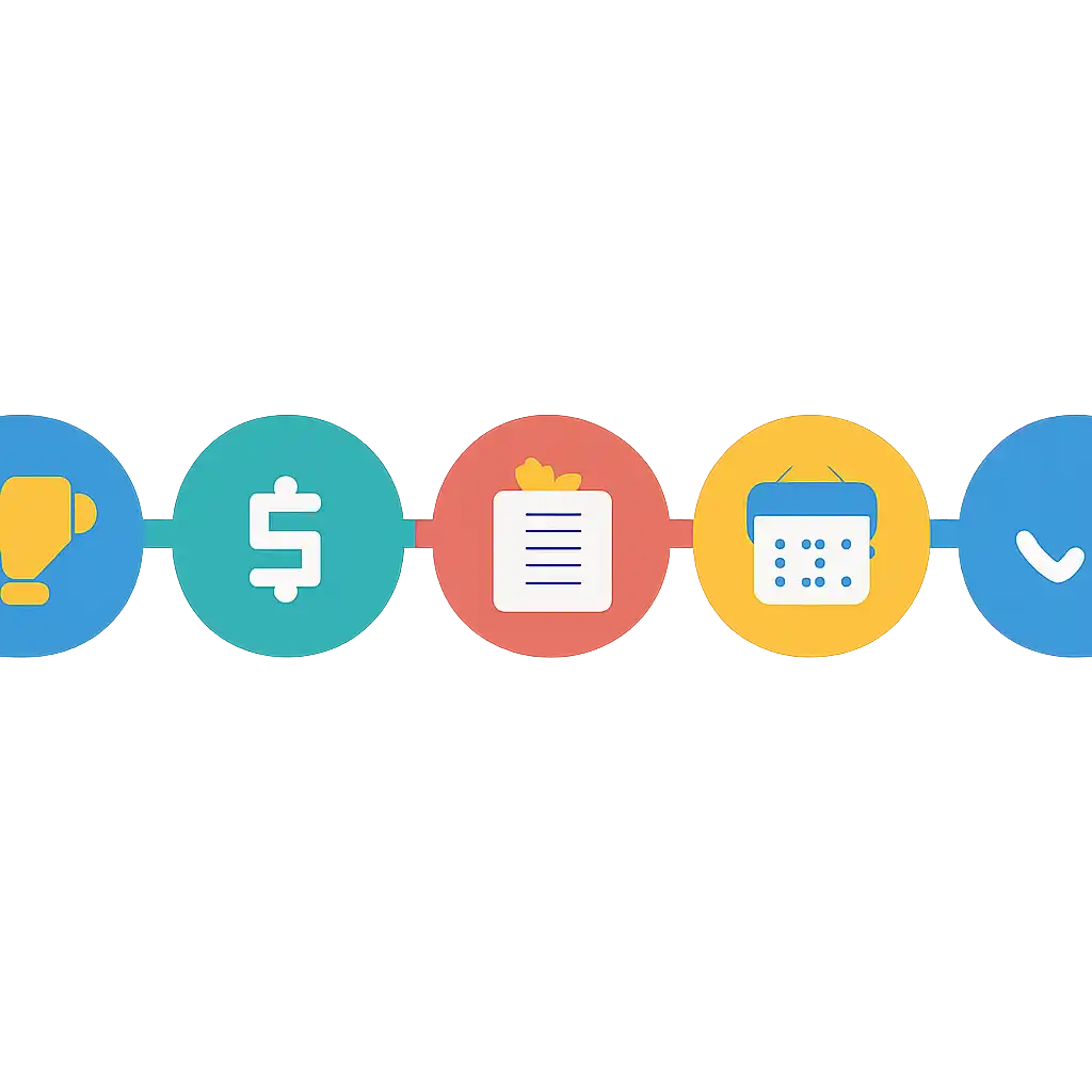 Five numbered circular icons connected by arrows in a horizontal flow, Prize Tiers, Claim Process and Deadlines steps
