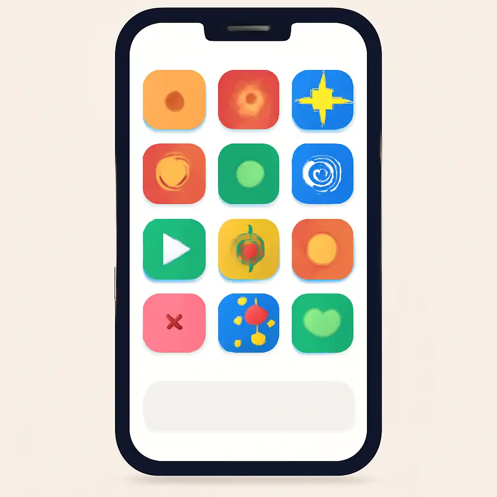 Smartphone shown from the front displaying a colourful flat layout of abstract game icons and rounded tiles, Checking a