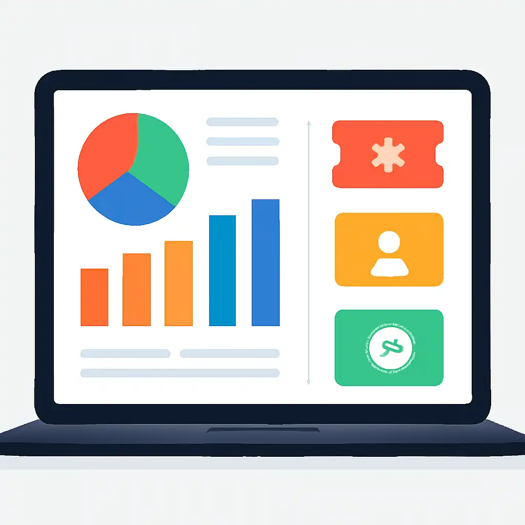 Laptop shown from the front displaying a colourful flat dashboard of abstract charts, bars and icon tiles, Checking a