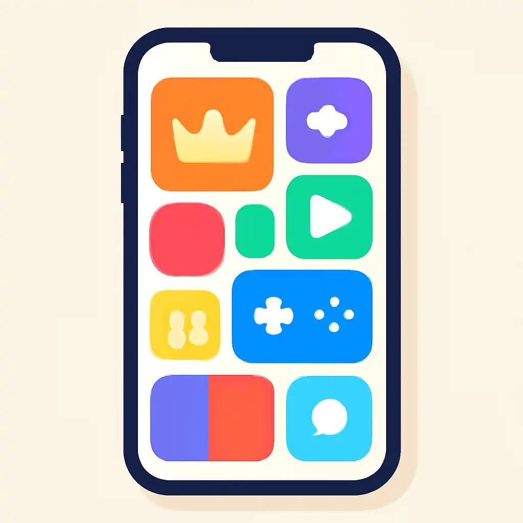 Smartphone shown from the front displaying a colourful flat layout of abstract game icons and rounded tiles, How the Sikkim